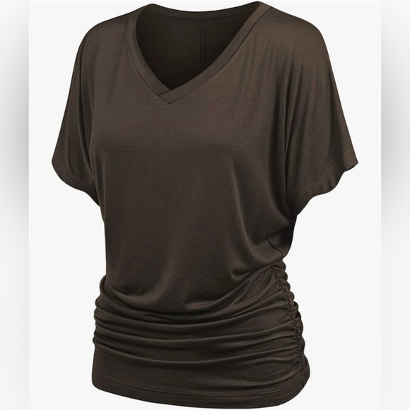 Women's Solid Short Sleeve Boat Neck V Neck Dolman Top with Side Shirring - Picture 2 of 5